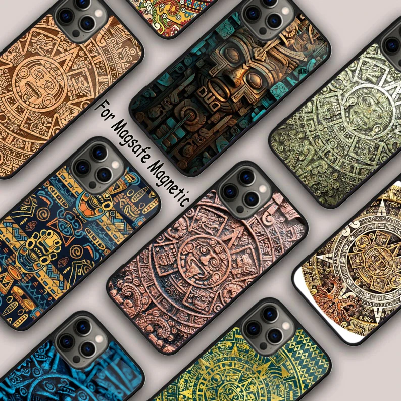 Aztec Calendar Mayan Native Stone Magnetic Phone Case For iPhone 16 14 13 12 11 Pro Max 15 Plus Wireless Charge MagSafe Cover