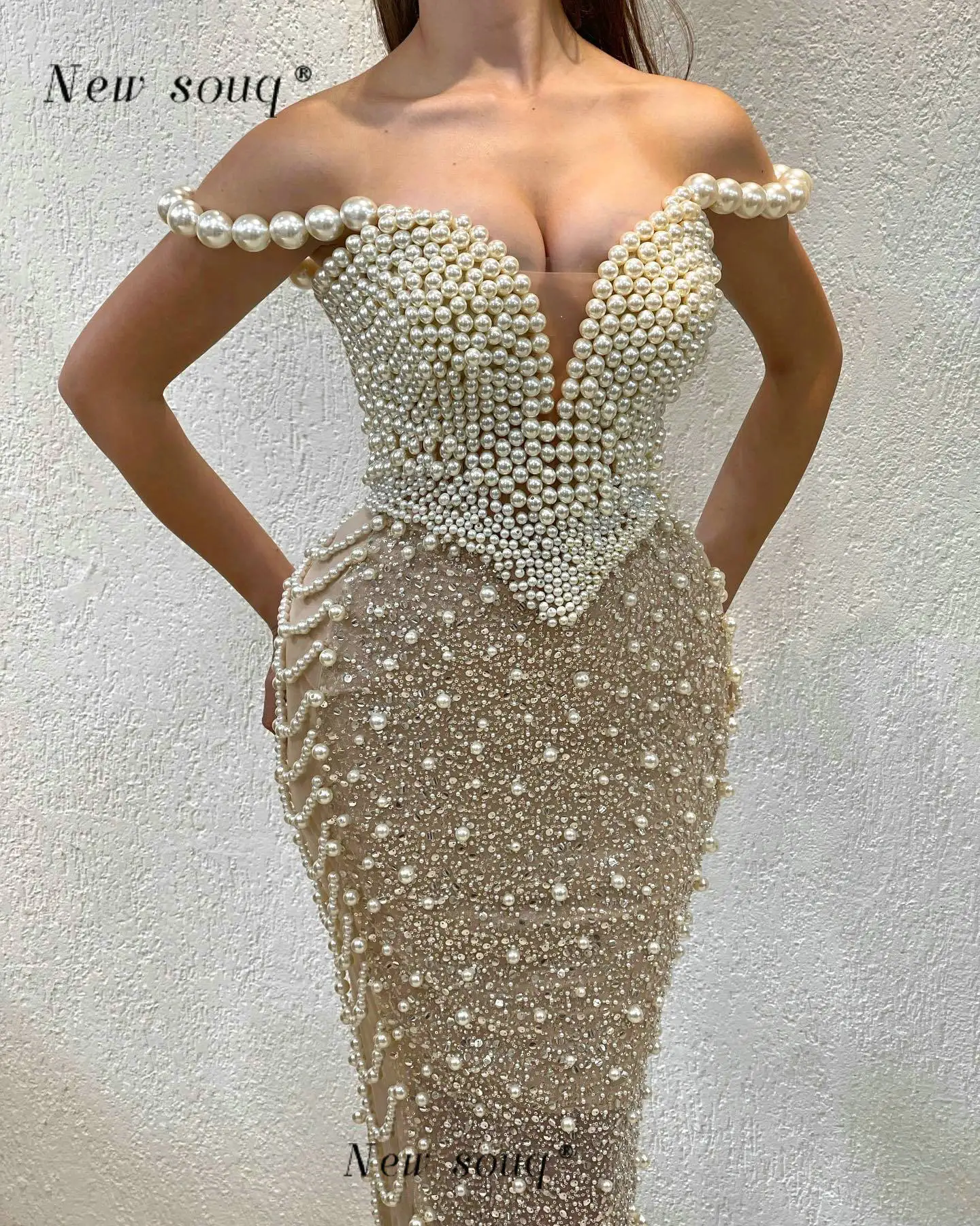 Gorgeous Pearls Off Shoulder Mermaid Evening Dresses Customized Arabic Floor Length Long Prom Gowns for Wedding Party Elegant