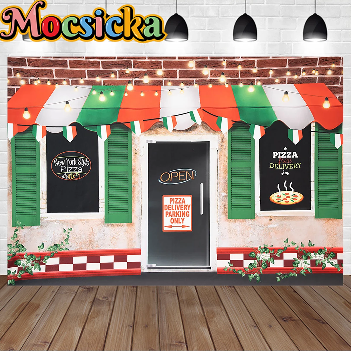 Pizza Shop Photography Background for Kids Birthday Party Decor Red Brick Wall Lights Backdrop Chef Baby Show Photo Studio