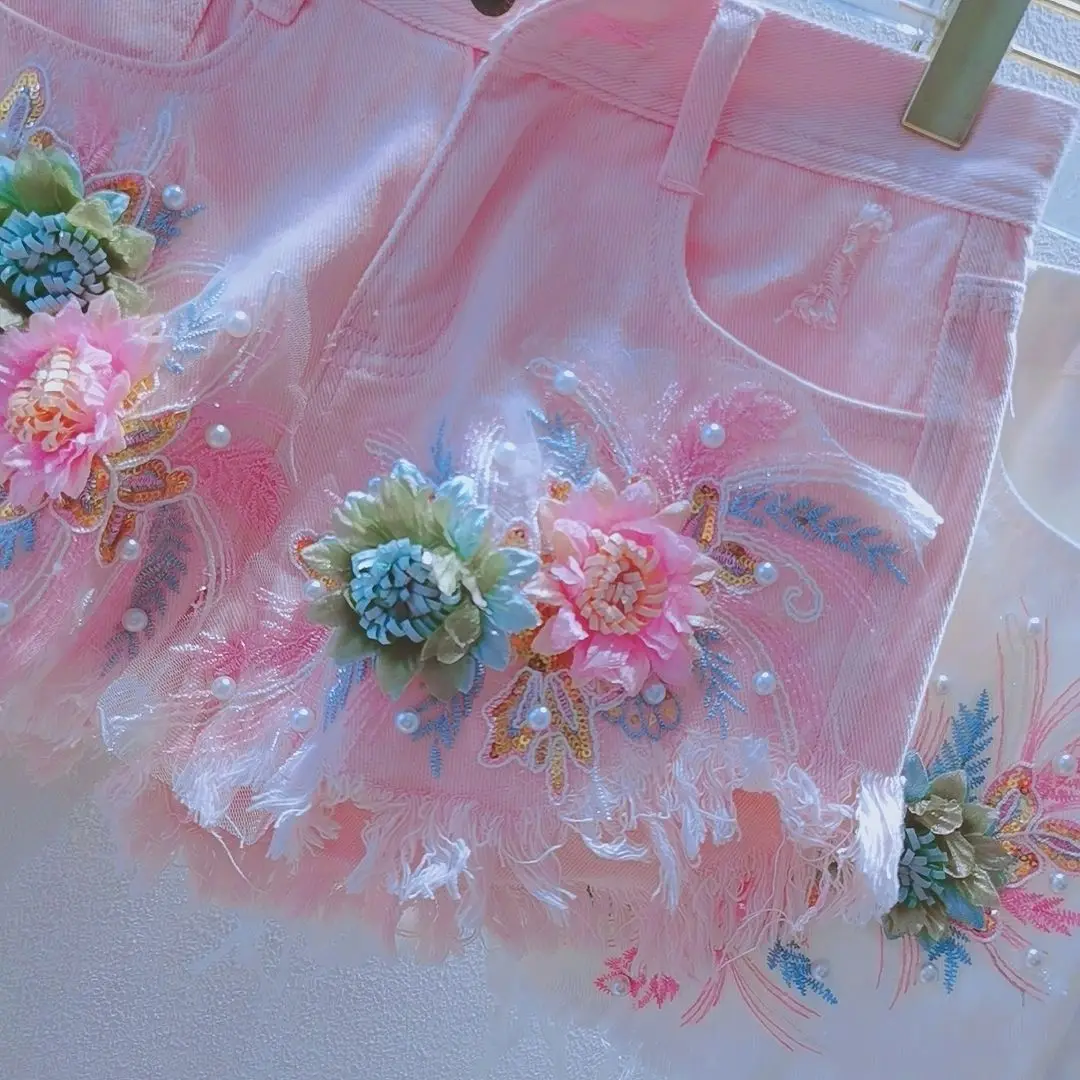Heavy Industry Beading 3d Flower Patchwork Tassel Ripped Jeans Summer New Sweet Cool Girl Hip-hugging Denim Shorts Y2k Shorts view 5