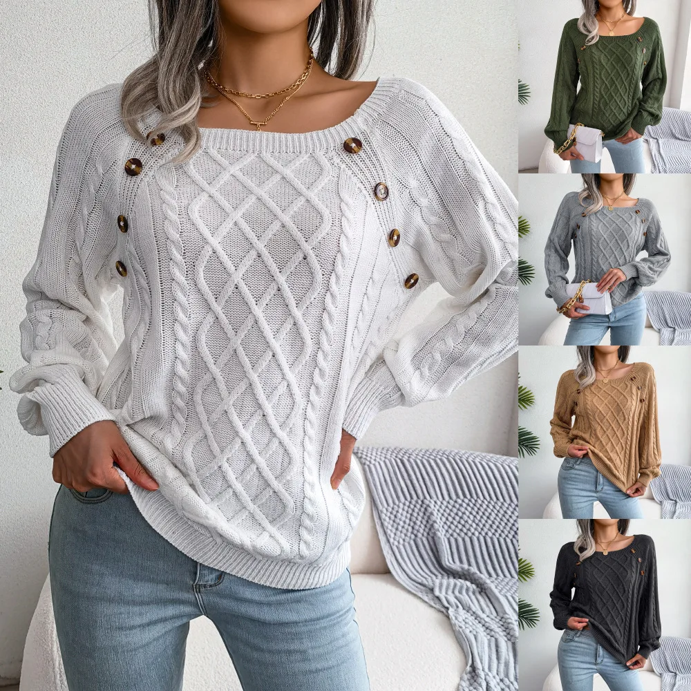 

New Women's Apparel Fall/Winter Knit Sweater Square Neck Button-Up Long-Sleeve Ribbed Knit Pullover Loose-Fit Knit Top