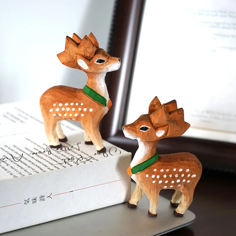 Sika Deer Handmade Wood Carving Small Ornaments Cute Cartoon Wooded Carved Doll Send Student Desktop Decorations Gift