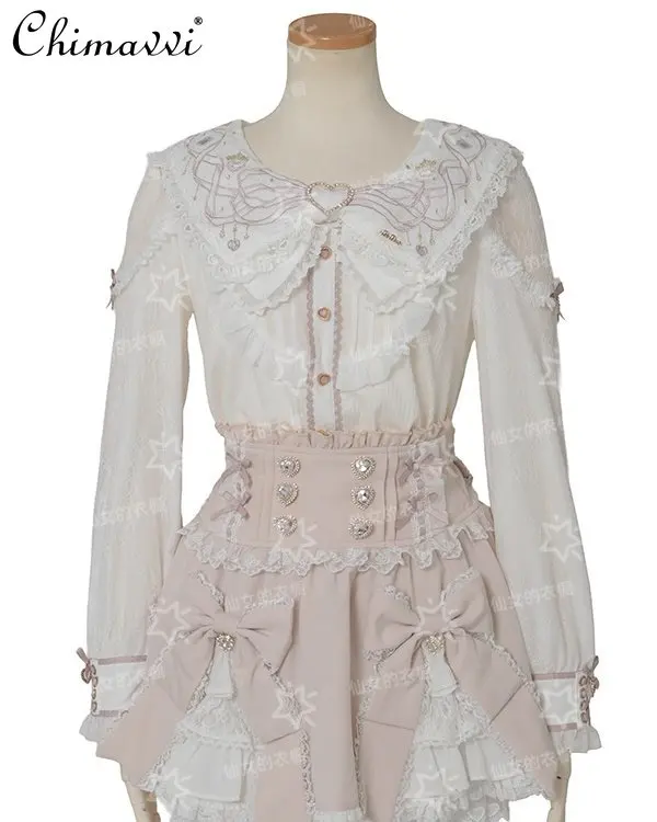 

Блузка в японском стиле с вышивкой Liz, с бантом и пуговицами в форме сердца, с длинными рукавами, весенняя новинка, элегантная рубашка-топ для милых девушек в стиле Лолита