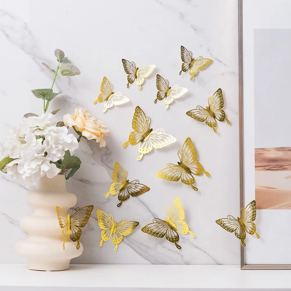12pcs New 3D Butterfly Wall Stickers Hollow Butterfly DIY Butterfly Wallpaper Self Adhesive Decal Wedding Party Supplies