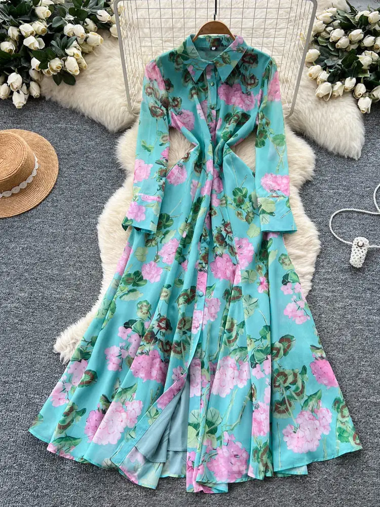 

Women's French Dress Elegant Floral Print Long Sleeved Turn-Down Collar A-line Versatile Maxi Long Vestidos Female DS292