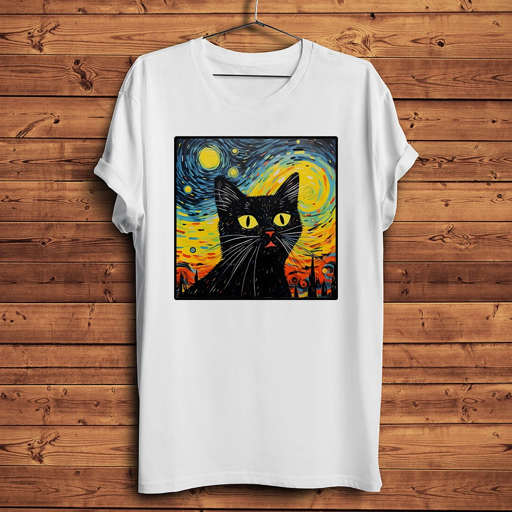 Van Gogh Starry Black Cat Funny Meow Artistic T Shirt Men Homme Daily Short Sleeve Casual TShirt Unisex Breathable Print Tee