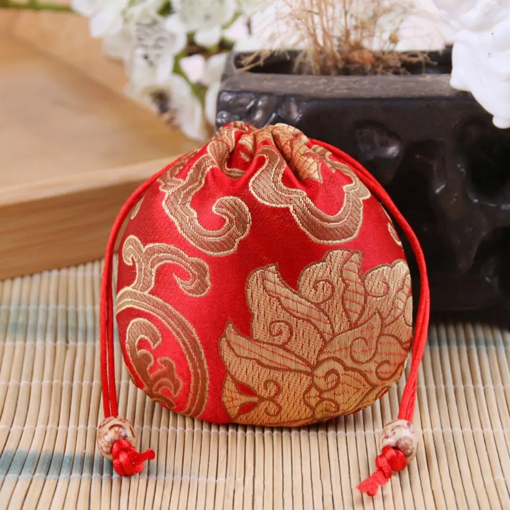 Floral Embroidery Flower Drawstring Bag Jewelry Packing Bag Beaded Small Coin Purse Wallet Hanfu Wrist Bag Large Capacity