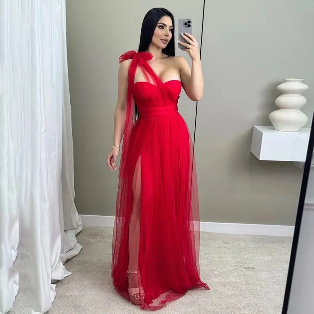 One Shoulder Sleeveless Pleated A-line Prom Dress Tulle Split Floor Length Evening Dress Customized vestidos de fiesta elegantes