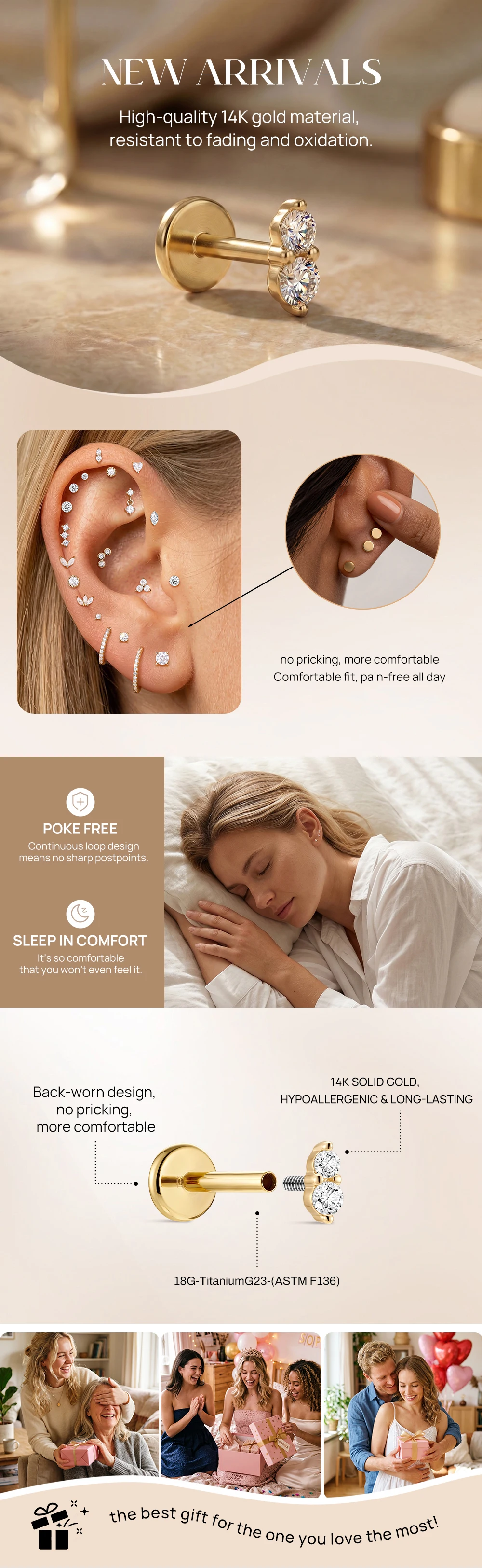 AIDE Mini-Piercing-Ohrringe aus 14-karätigem massivem Gold, glänzend, Herz-/rund-/sternförmig, für Damen, in verschiedenen Größen, klassischer Hochzeits- und Brautschmuck, luxuriöser Schmuck – Detail 17