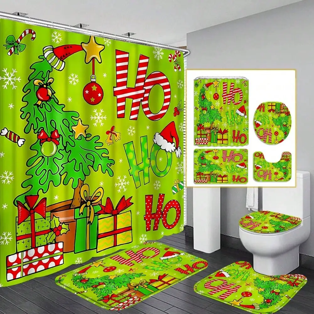 

4PCS Green Christmas Tree Shower Curtain Set - 3-Piece (Curtain+Toilet Mat) +12 Hooks | Housewarming Gift