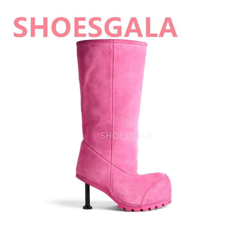 Boots For Woman 9cm Pink Slim Heel High Heels With Enlarged Round Toe Snow Boots 2024 Trendy Cowhide And Fleece Warm High Boots