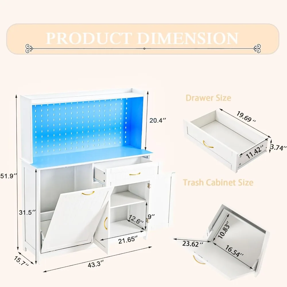 Trash Cabinet 13 Gallon - LED Buffet Sideboard Cabinet with Storage, Coffee Bar Cabinet with Drawer, Shelf