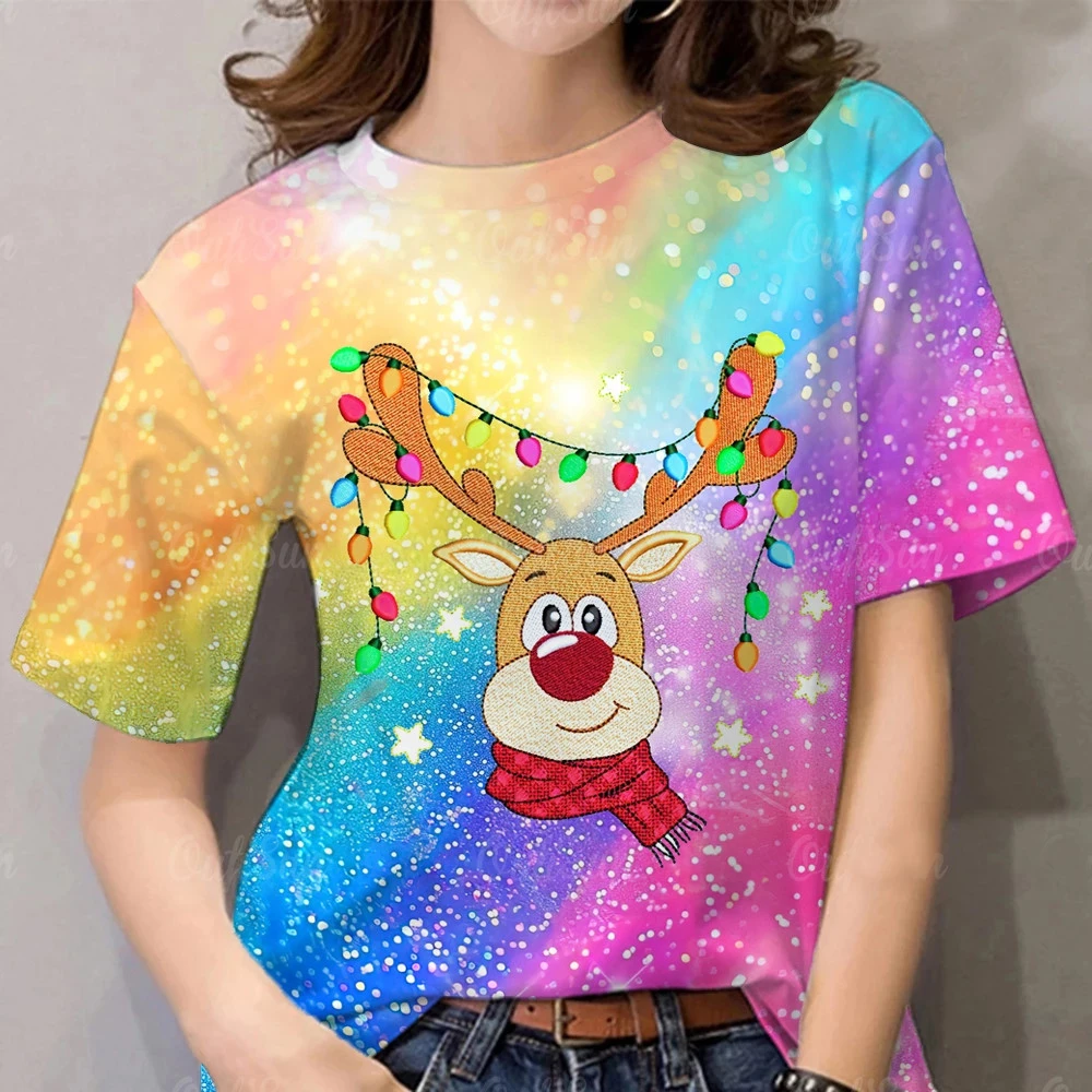 

Women's Christmas Rainbow T-Shirt 3D Digital Printing Short Sleeve Crew Neck Elk Pattern Tshirts Top Women Xmas Party Tees