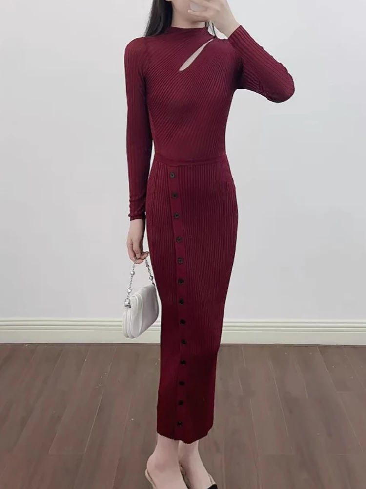 Elegante abito in maglia traforata con ritagli sulle spalle, bordeaux, elegante e sexy, elastico, vestibilità slim, maniche lunghe, abito da donna