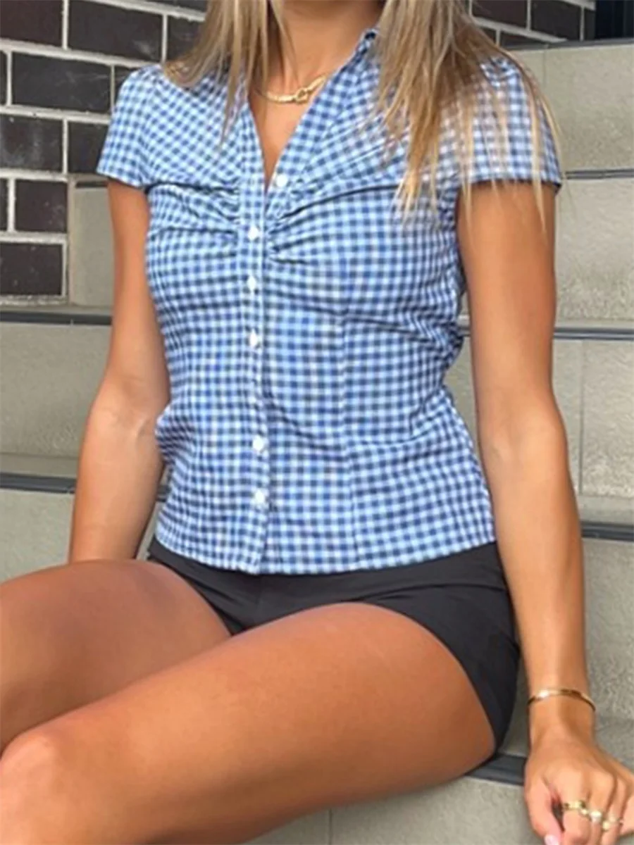 قميص نسائي منقوش بأكمام قصيرة مع زر إغلاق، قميص صيفي أنيق للارتداء اليومي غير الرسمي في المدينة