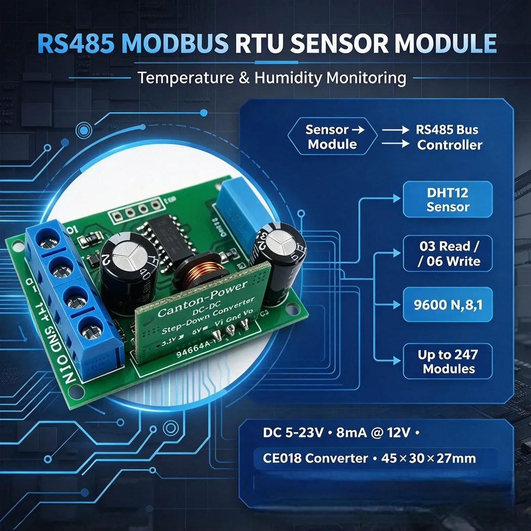 RS485 Modbus RTU Temperature Humidity Sensor Module DHT12 DC5-23V 9600Baud for Computer Room Warehouse Monitoring