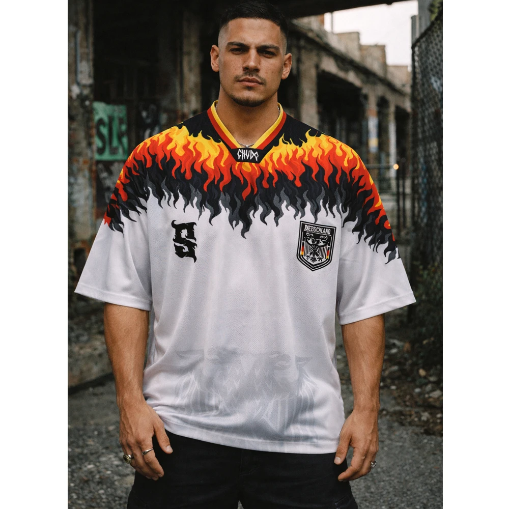 2026 Men Germany Beckenbauer Fire Flame Gradient Print Football Jersey Gothic Letter V Neck Mesh Short Sleeve Street Fan T Shirt