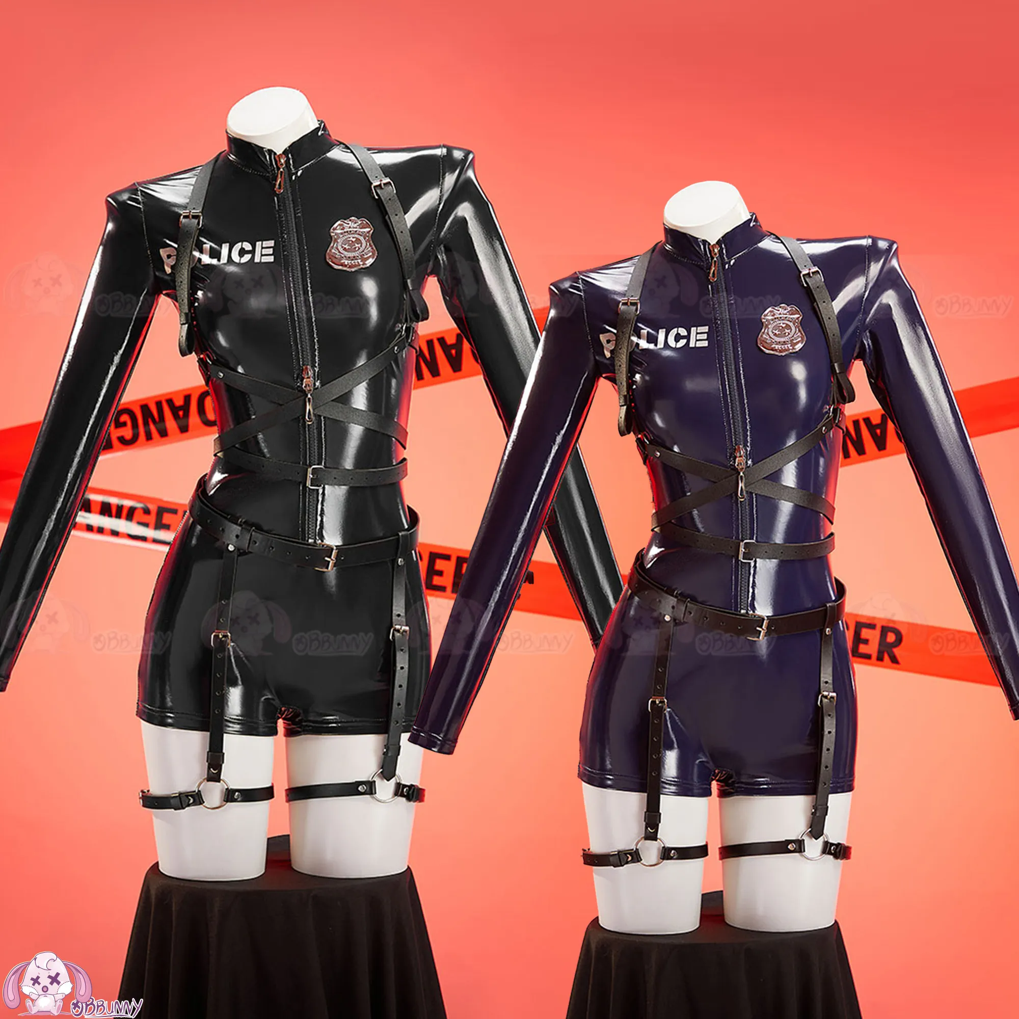 

Gemini Female Police Officer Tight Jumpsuit PU Leather Black/Blue Police Cosplay Costume