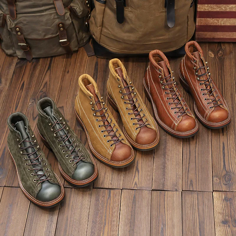 Vintage Men's Genuine Leather Goodyear Motorcycle Boots High-top Brogue Shoes Western Mid-calf Chelsae Boots