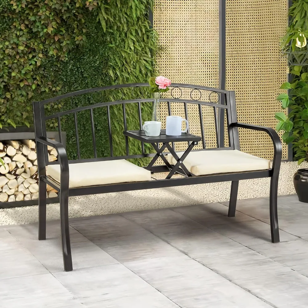 Outdoor Metal Garden Bench, 2-Seat Patio Porch Bench with Steel Metal Frame, Park Bench Pullout Middle Table＆ Cushion