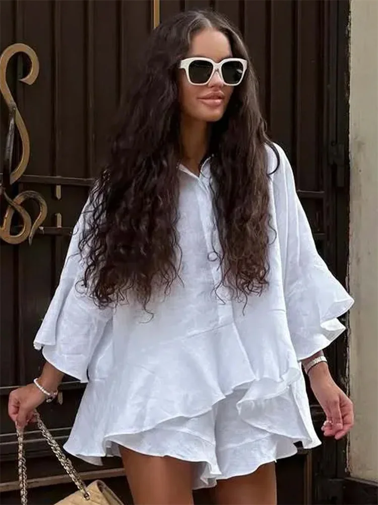 

Tossy Fashion Loose 2 Piece-Set Shorts For Women Ruffled Lapel Shirts And Solid High Waist Shorts Sets Female Summer Outfits New