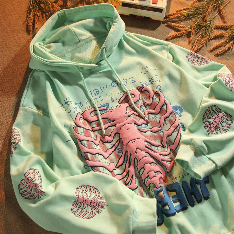Y2K Pink Skeleton Hoodies Women Autumn Streetwear pullover Goth Sweatshirts Harajuku Grunge Oversized Winter Hoodies Female