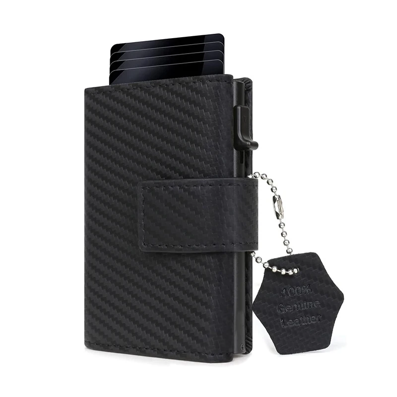 Black ID Credit Cards Case Mini Wallet with Zip Coin Purse Money Men RFID Protection Genuine Leather Small Aluminum Card Holder