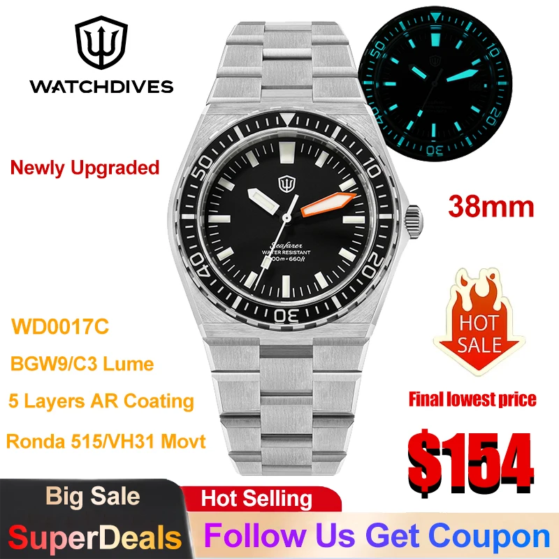 Watchdives WD0017C Quarzuhr 41mm Saphirglas 5-Schicht AR-Beschichtung Glas VH31/Ronda 515 Uhrwerk BGW9 C3 Lume Taucheruhr