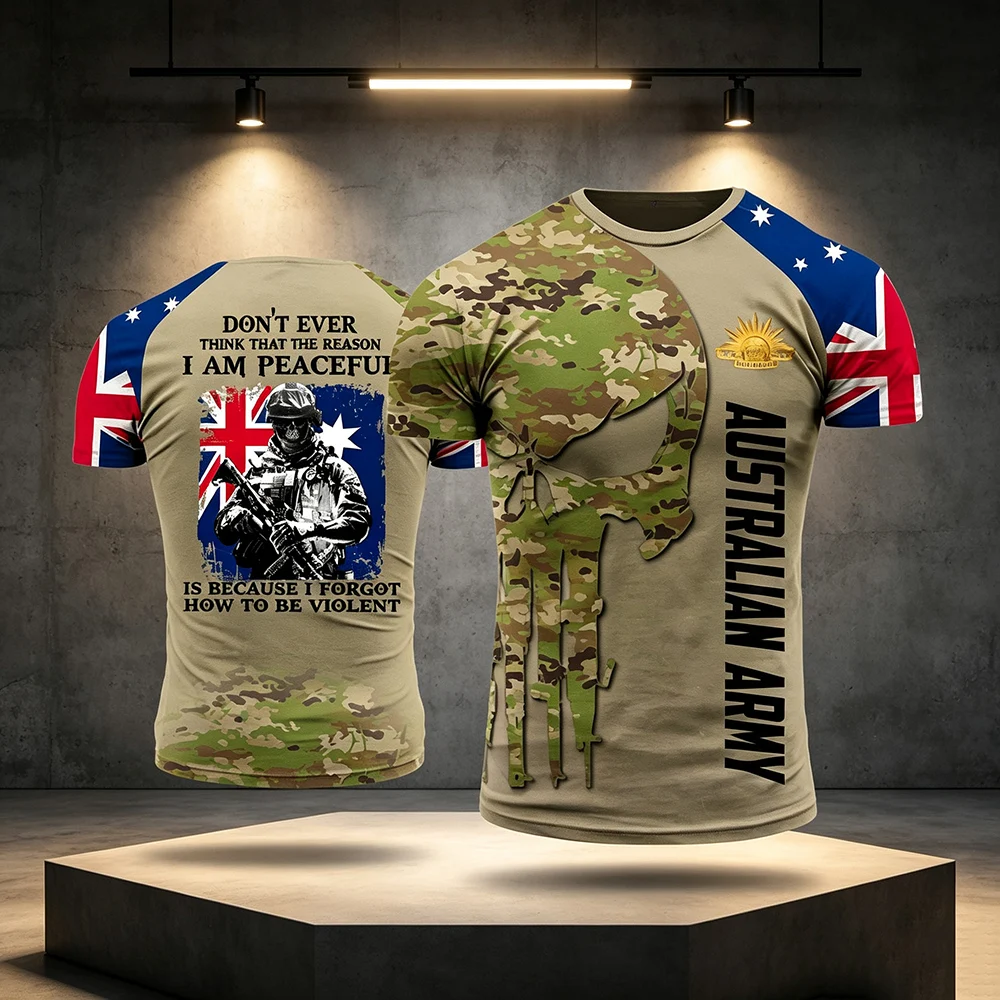 3D Printed Australian Army Skull Camo T-Shirt for Men Flag Clothing Short Sleeve Veteran Patriotic Crew Neck Family Kids Tees
