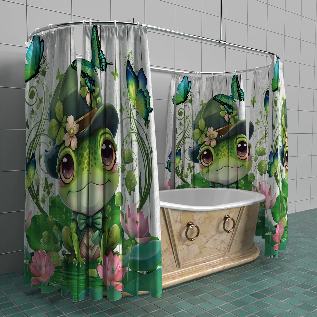 Rural Style Lotus Pond Frog Pattern Decor Fabric Bathroom Waterproof Shower Curtain With12 Pack Hooks