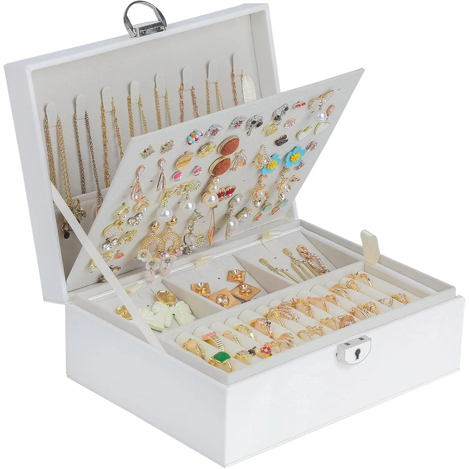 

Earring Jewelry Box for Women Girls 4 Layer Organizer with Lock Earring Holder Necklace Ring Storage Case White