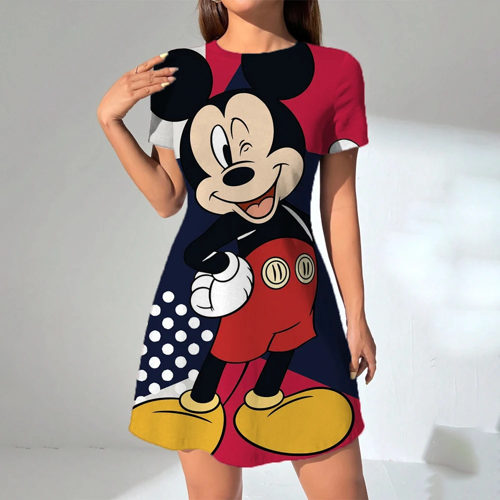 S-3Xl 디즈니 미키 마우스 프린트 O 넥 롱 드레스 캐주얼 보헤미안 숙녀 여름 해변 Sundress 여행 셔츠 파티 가운