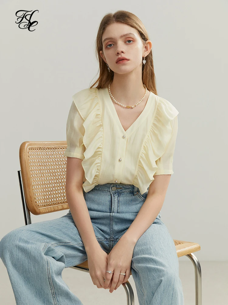 FSLE French V Neck Ruffled Shirt Women 2022 Summer New Casual Fashion Bicolor Short-sleeved Solid Elegant Female Blouses