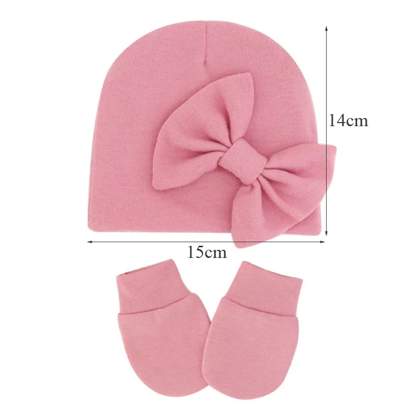 2Pcs Newborn Beanie Hat Gloves Set Cotton Princess Bow Baby Girl Hat Spring Autumn Winter Infant Bonnet Toddler Cap 0-6M