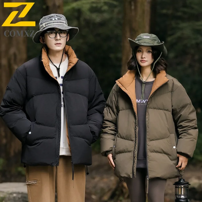 COMXZ 2025 Mens Womens Duck Down Stand Collar Short Winter Jacket American Style  Outdoor Sport Lightweight Leisure tactics Coat