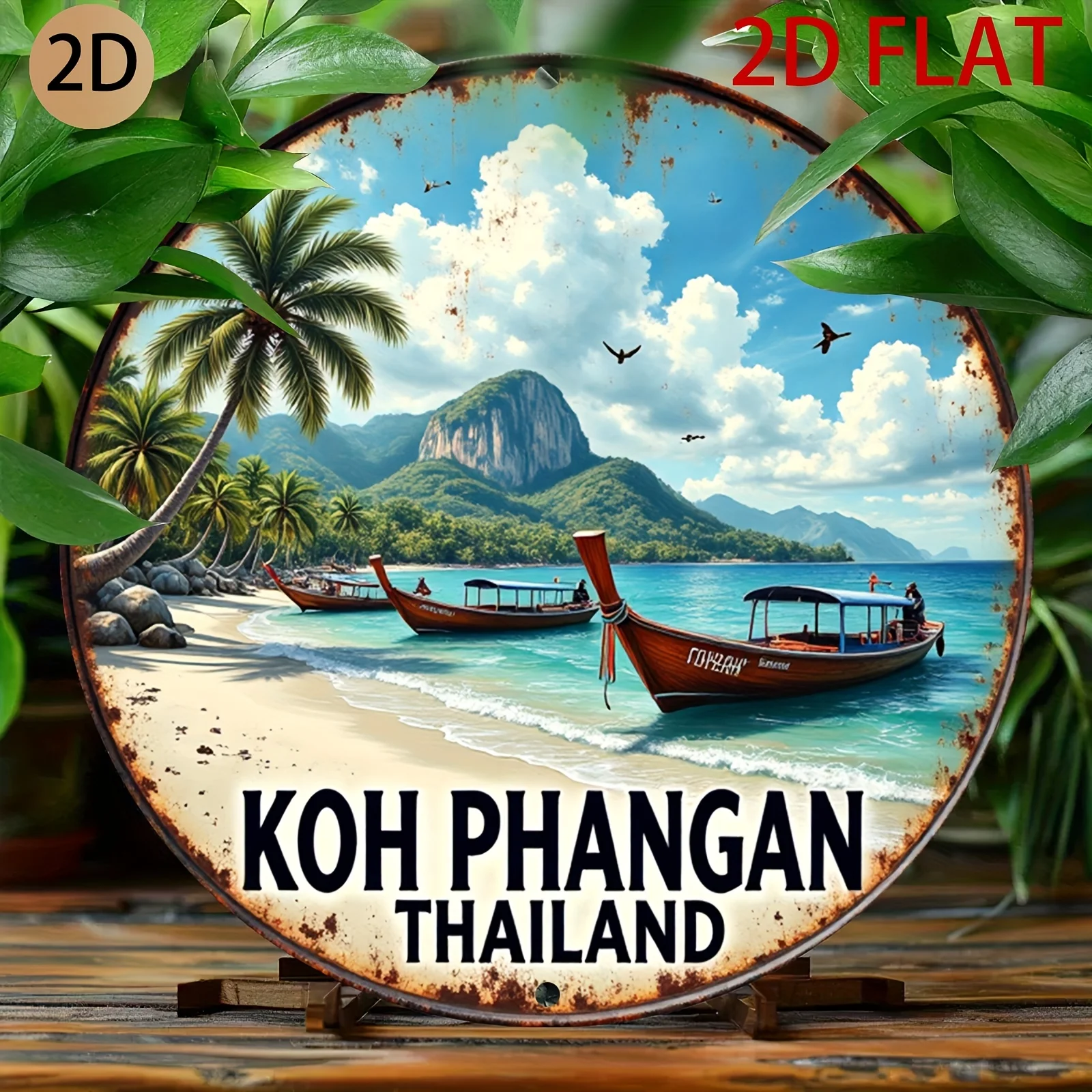 2D Flaches Metallschild „Koh Phangan Thailand“ mit tropischem Strandmotiv, rustikale Küstenwanddekoration mit Longtail-Boot, Vintage-Insel-Dekor aus Thailand