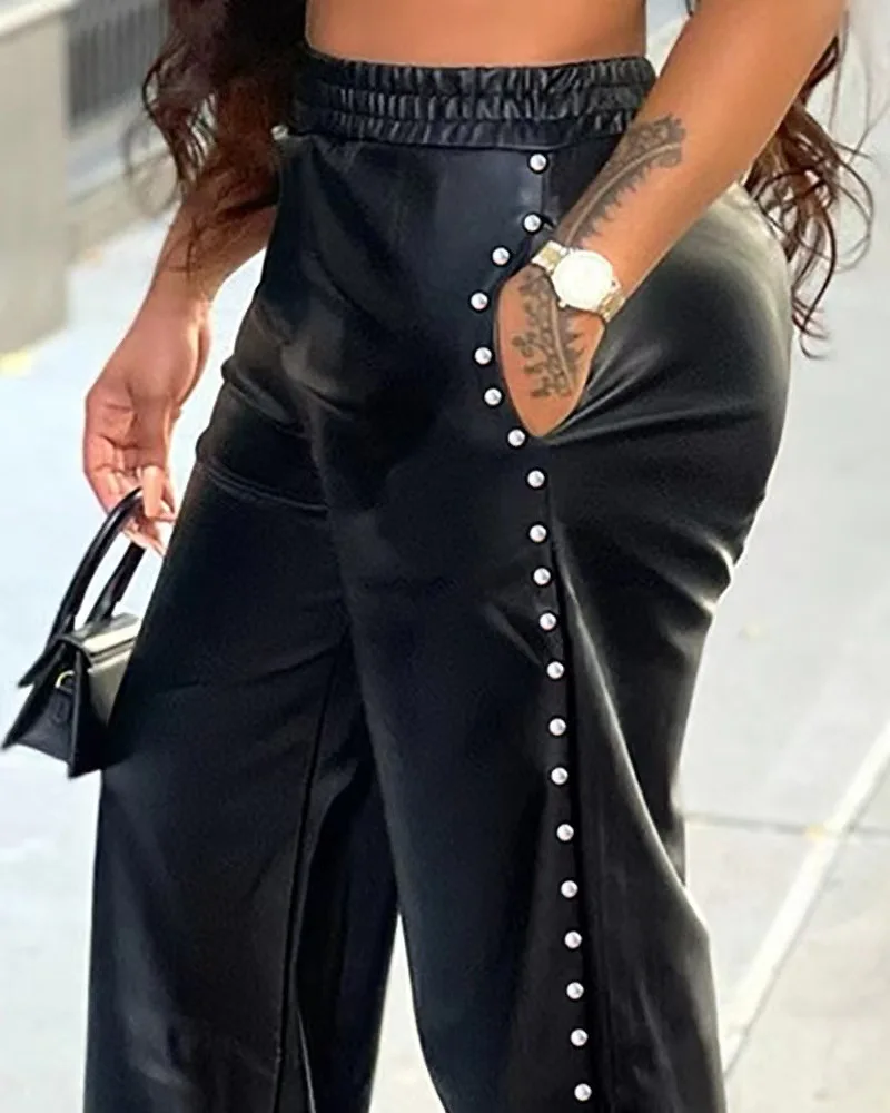 Tied Pocket Design PU Leather Pants Women Pearl Plus Size High Waist Leggings Black Elegant Trousers Pencil Bodycon 2024 Capris