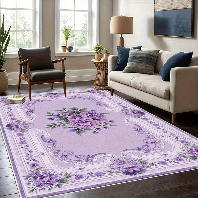 Elegant Vintage Purple Peony Floral Flannel Carpet Non Slip Area Rug Decor Floor Mat for Bedroom Living Room Indoor Home Decor