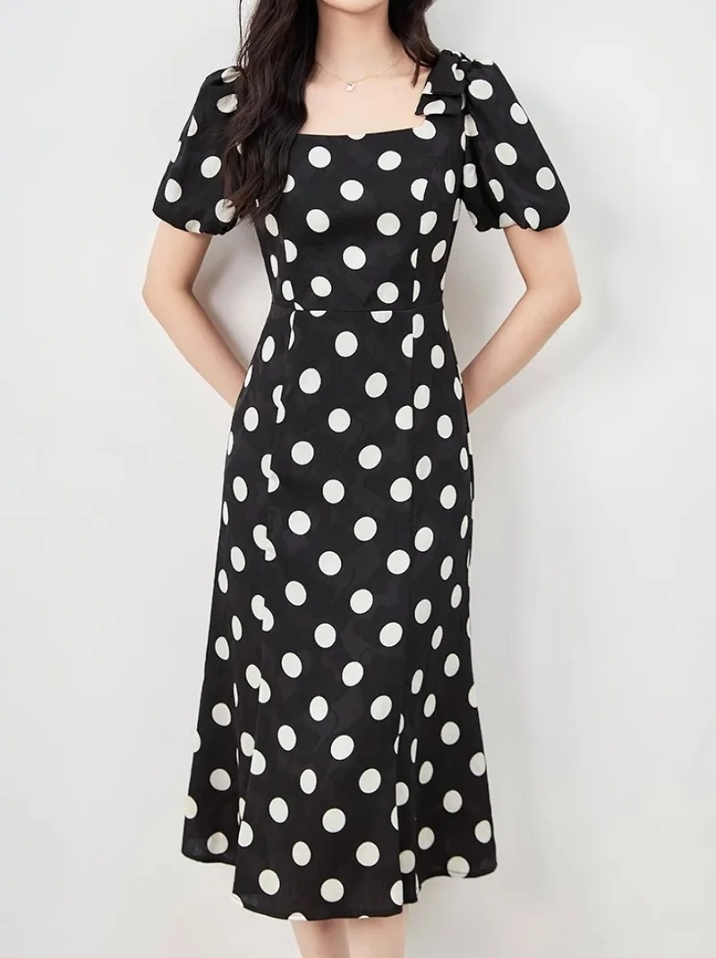 

Beige Dot Square Collar Dress Women Elegant Puff Sleeve Streetwear Clothing Lady Runway Design Vintage Vestidos Bodycon