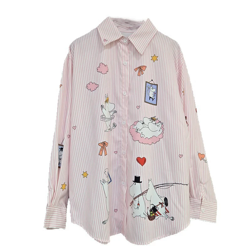 WTHT موضة جديدة للمرأة الكرتون طباعة مخطط تصميم قميص 2025 الصيف العصرية التلبيب بلوزة بأكمام طويلة الإناث 1LS2244