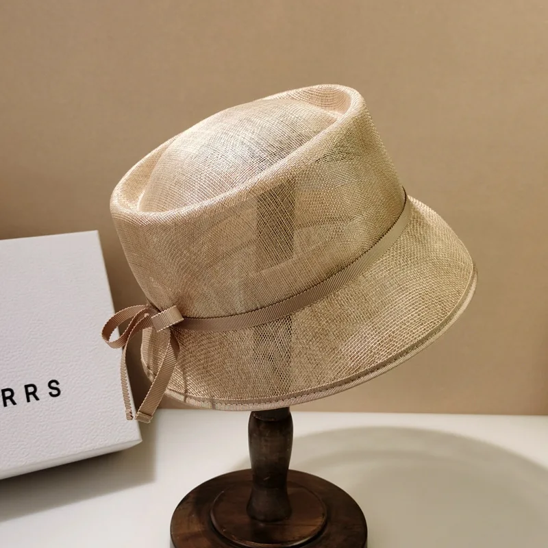 Japanese Designer Fashion Hemp Yarn Fedoras Ladies Bow Decoration Elegant Straw Hat Retro Casual Female Concave Roof Bucket Hat