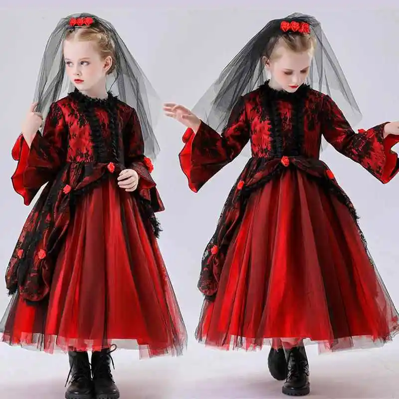 어린이용 할로윈 의상 소녀 마녀 빨간 유령 신부 공주 스커트 코스프레 공연 소녀 의류