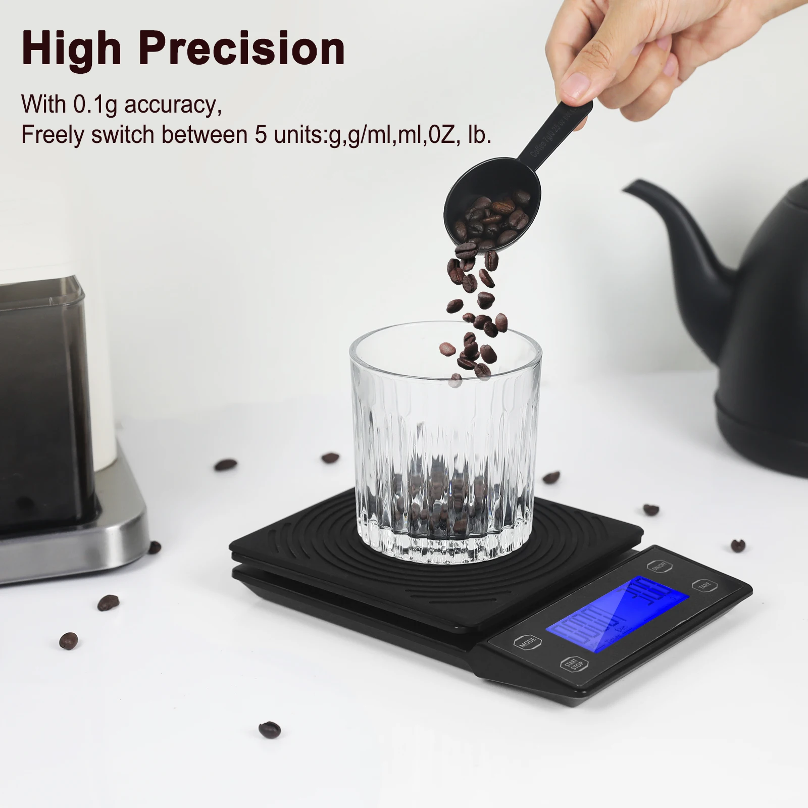 Báscula de café Toolour con temporizador, báscula de cocina de alta precisión de 0,1g con tecla táctil y cubierta de silicona para Espresso/Pour-Over