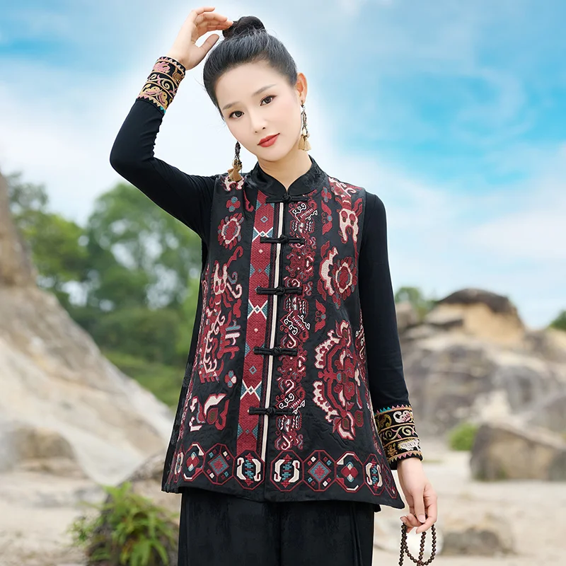 Elegant Embroidered Silk Women's Open Cardigan Vest Collared Buttoned Multi-Purpose Fashionable Chinese Ethnic Style Spring Wear