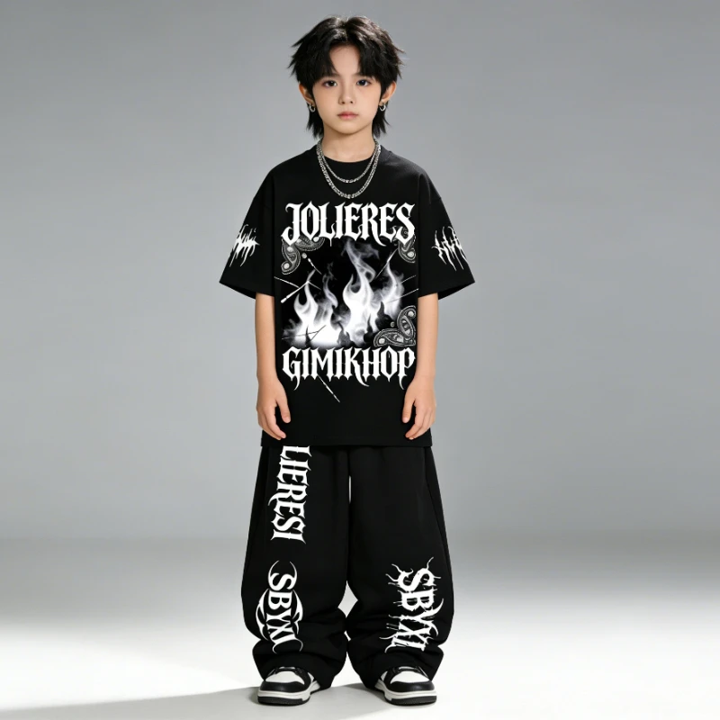 

Hip Hop Dance Clothes Set Boys Black Print T Shirt Baggy Pants Short Sleeves Group Street Dance Performance Costume Stage Wear