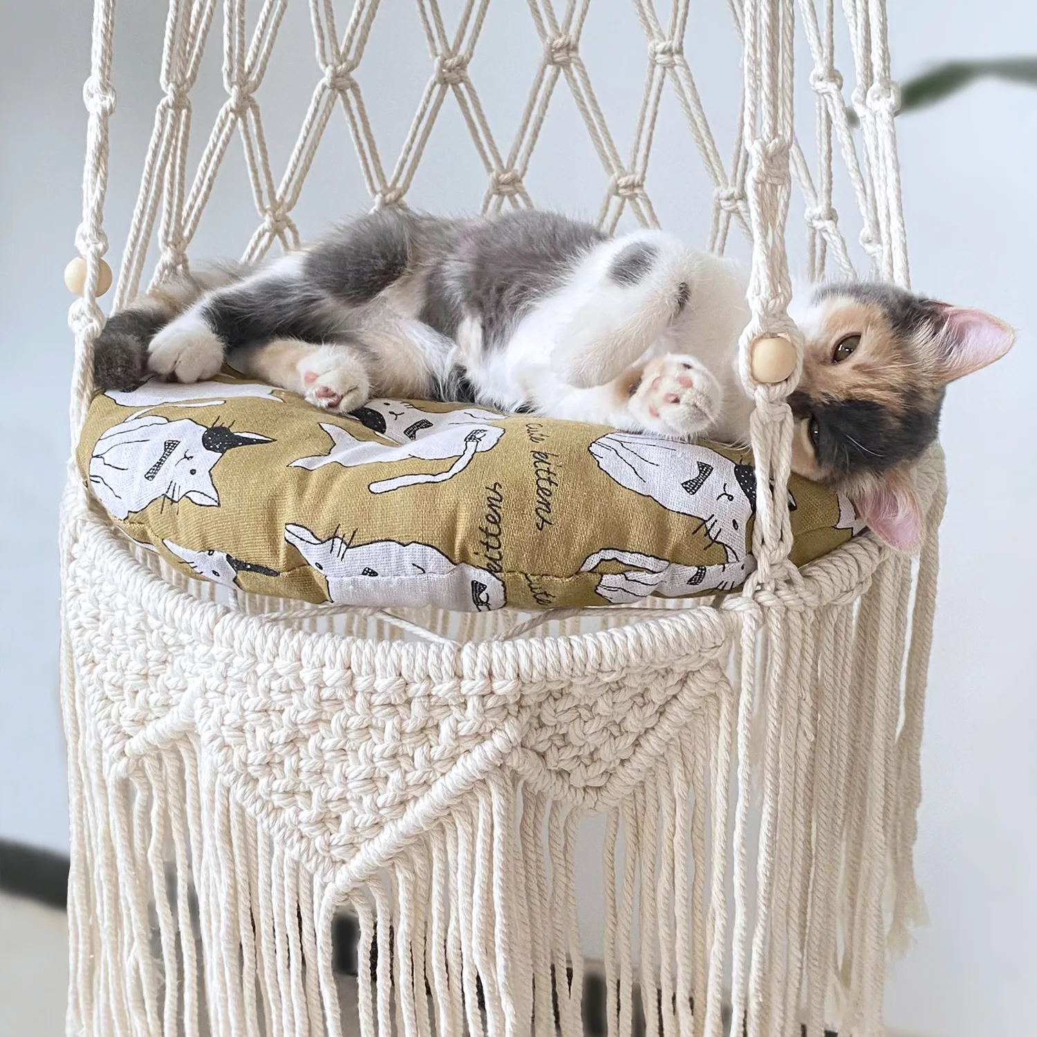 D2 Boho Macrame Hanging Pet Bed Cat Dog Swing Cotton Rope Long Tassel Basket Fringe Hand Woven Indoor Cat Hammock Nest Mesh Bag
