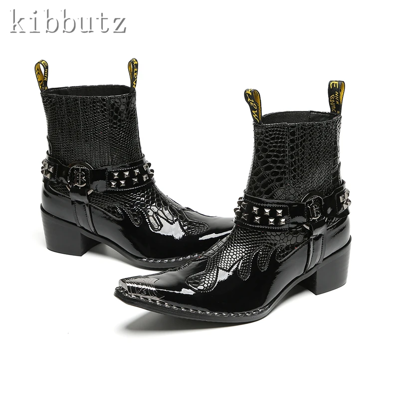 

Brand New Rivets Black Genuine Leather Boots Men Metal Toe High Heel Chelsea Boots Ankle Buckle Cowboy Ankle Boots