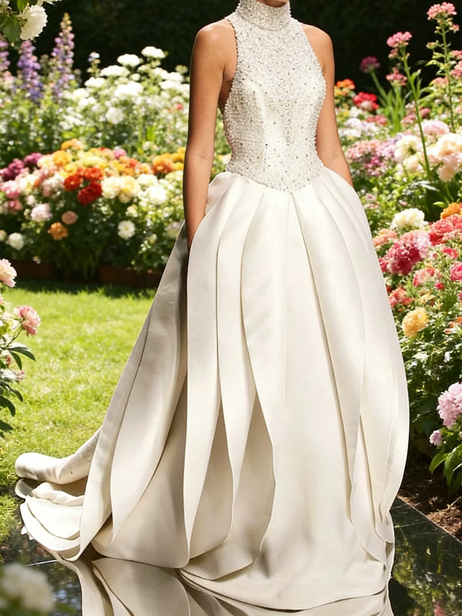 Elegant High Collar Beads Sleeveless Pleat Straight Bride Wedding Dresses Bridal Gowns Customized