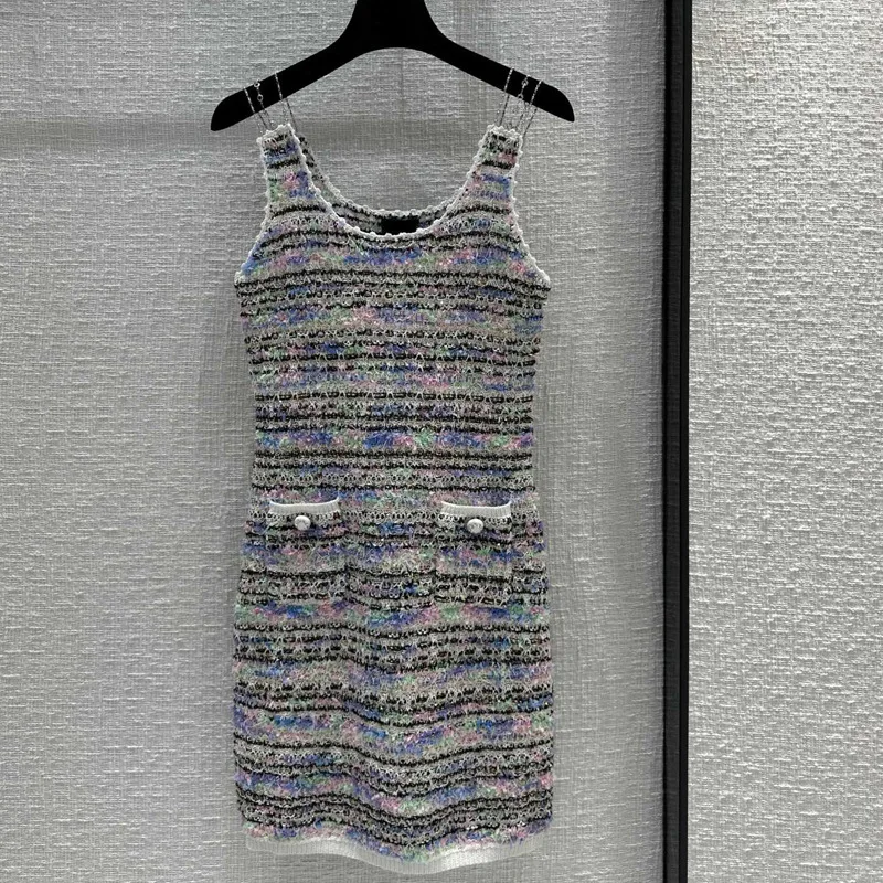 

2024 High Quality Colored Yarn Bead Knitted Camisole Vest Skirt with Gentle Temperament and Slim Fitting Dress for Summer