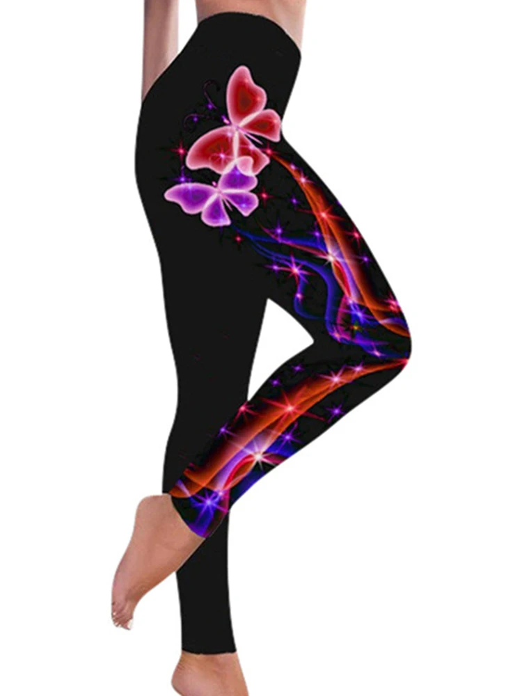 Leggings estampadas com elástico de borboleta feminina, brilhante, elástica, calças justas esportivas, fitness, calças de ioga, respirável, casual, cintura alta